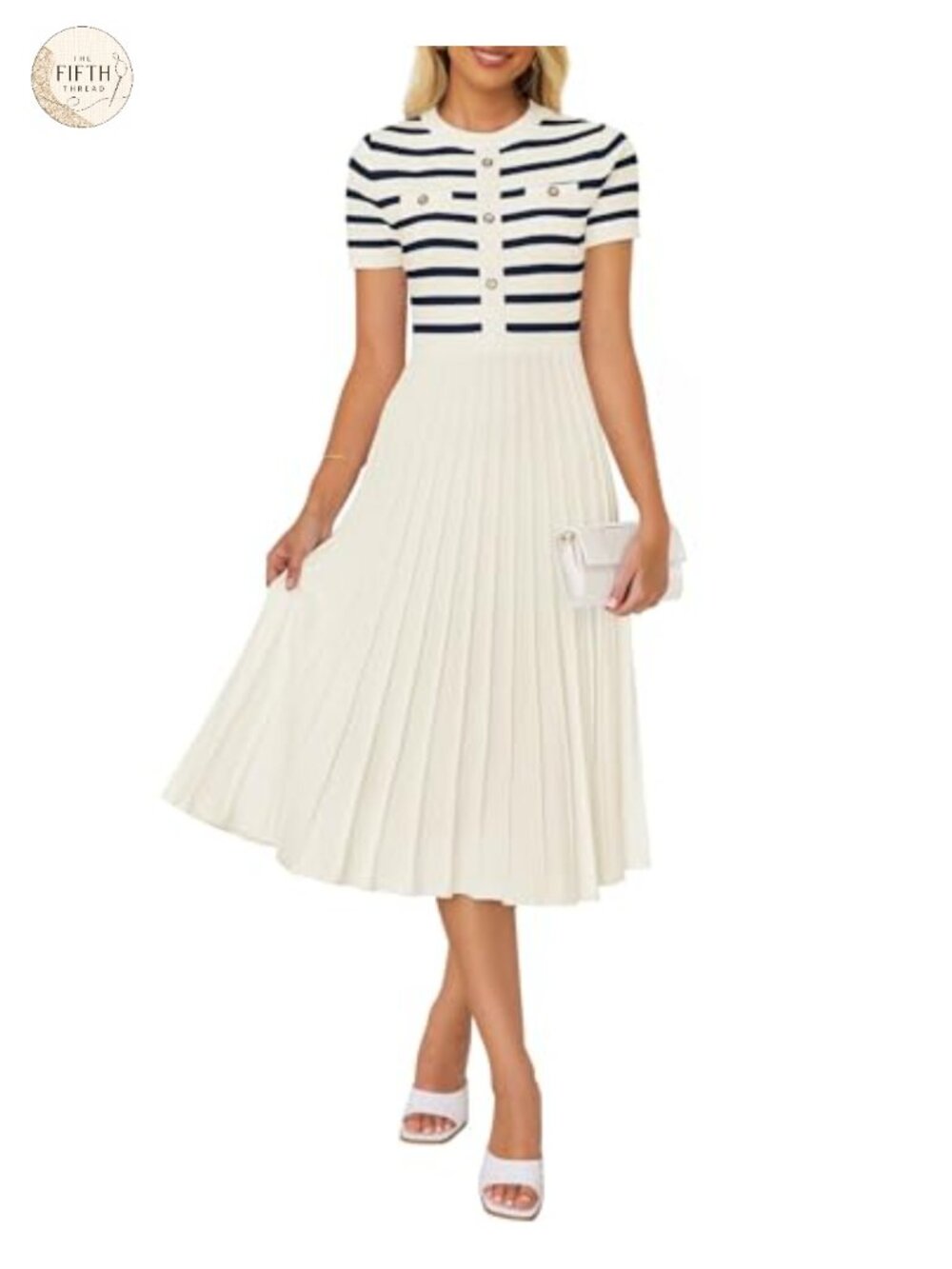 Women Striped Crewneck Short Sleeve Midi Dress with Pleated Skirt
